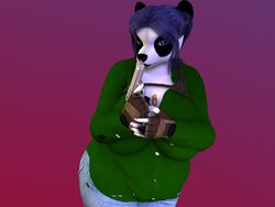  2016 3d_(artwork) 4:3 anthro bear big_breasts biped black_body black_fur blue_eyes blue_hair blx24 bottomwear breasts clothing denim denim_bottomwear denim_clothing digital_media_(artwork) female fingerless_gloves fur giant_panda gloves gun hair handgun handwear hi_res jeans looking_at_viewer mammal nails pants ranged_weapon shirt short_hair solo standing tight_clothing topwear weapon white_body white_fur 