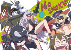  3boys 4girls antenna_hair armpits bad_id bad_pixiv_id bare_shoulders black_panties blonde_hair blue_eyes brown_hair cloak closed_eyes dva english_text flag frills fur_trim gas_mask gauntlets general_pepel glasses gloves grey_hair hat helmet hoshimiya_kate jimon_asuta katana kurubu kurukuru_(sekai_seifuku) long_hair mask midriff military military_uniform morozumi_yasubee multiple_boys multiple_girls natasha_(sekai_seifuku) navel no_smoking no_symbol open_mouth panties peaked_cap pickelhaube plamja-sama professor_um red_eyes roboko_(sekai_seifuku) sekai_seifuku:_bouryaku_no_zvezda shikabane_gorou shikabane_itsuka short_hair sign star_(symbol) sword teeth underwear uniform venera-sama very_long_hair weapon 