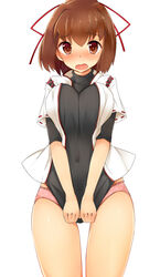  bad_link blush breasts brown_eyes brown_hair embarrassed female hair_ribbon hukasikasi ise_(kancolle) japanese_clothes kantai_collection large_breasts open_mouth panties pink_panties ponytail protected_link ribbon shirt_tug short_hair simple_background solo tears underwear white_background 