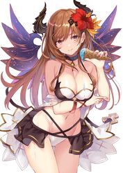  armpit_crease bad_id bad_pixiv_id bangle bare_shoulders bikini bikini_skirt black_choker bracelet breasts brooch brown_hair choker cleavage closed_mouth collarbone contrapposto cowboy_shot dark_angel_olivia dripping female floating_hair flower food granblue_fantasy groin hair_flower hair_ornament halterneck hand_up head_tilt holding holding_food horns ice_cream ice_cream_cone jewelry long_hair looking_at_viewer medium_breasts melting nanananana navel off_shoulder olivia_(summer)_(granblue_fantasy) red_eyes red_flower see-through showgirl_skirt sidelocks simple_background smile solo standing stomach swimsuit thigh_gap white_background wings 