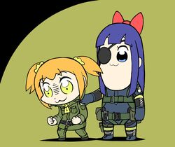  2girls :3 big_boss big_boss_(cosplay) bkub_(style) black_hair blonde_hair blue_eyes bow commentary_request cosplay eyepatch hairbow hand_on_another&#039;s_shoulder jotace kazuhira_miller kazuhira_miller_(cosplay) long_hair metal_gear_(series) metal_gear_solid multiple_girls ootsuka_akio pipimi poptepipic popuko sidelocks sneaking_suit two-tone_background two_side_up voice_actor_connection yellow_eyes 