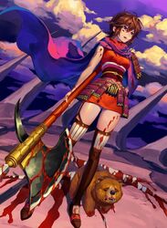  armor axe bad_id bad_twitter_id bear blood blood_on_face brown_hair cape cloud female full_body japanese_clothes kimono obi original sash short_hair short_kimono sky thighhighs washi_no_tosaka weapon zettai_ryouiki 