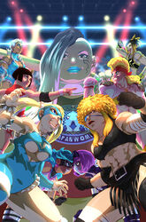  alternate_costume black_hair blonde_hair blue_hair breasts capcom commentary fuka_(street_fighter) harmageddon_yoko jeffrey_cruz leotard maple_storm multiple_girls pepe_ishiwata purple_hair raika_(street_fighter) rainbow_mika street_fighter street_fighter_v sunrise_nishisenba twintails udon underboob vivian_nishiki wrestling_outfit yamato_nadeshiko_(street_fighter) 