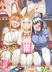  &gt;_&lt; 3girls alternate_breast_size alternate_hair_length alternate_hairstyle animal_ear_fluff animal_ears bare_shoulders bespectacled black_gloves black_hair black_skirt blonde_hair blu-ray bow bowtie breasts bucket commentary_request common_raccoon_(kemono_friends) controller drinking_straw elbow_gloves fennec_(kemono_friends) food fox_ears fur_collar girl_sandwich glasses gloves grey_hair hayashi_(l8poushou) highres holding_another&#039;s_arm in_the_court_of_the_crimson_king indoors kemono_friends king_crimson large_breasts multicolored_hair multiple_girls open_mouth orange_bow orange_bowtie pantyhose pleated_skirt popcorn print_bow print_bowtie print_gloves print_skirt print_thighhighs raccoon_ears raccoon_tail remote_control rimless_eyewear sandwiched scared serval_(kemono_friends) serval_print short_hair sitting skirt table tail tearing_up tears thighhighs translation_request two-tone_bowtie white_bow white_bowtie yellow_bow yellow_bowtie 