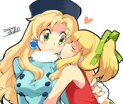  2girls blonde_hair blue_coat blush buttons coat commentary_request dated earrings fur_hat fur_trim gloves green_eyes green_ribbons hair_ribbon hat heart iroyopon jewelry kalinka_cossack_(mega_man) kissing kissing_cheek long_hair mega_man_(classic) mega_man_(series) multiple_girls ponytail ribbon rockman_xover roll_(mega_man) sidelocks signature smile yuri 