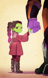  1boy aged_down animification avengers:_infinity_war avengers_(series) black_footwear boots braid brown_background brown_footwear brown_hair che_(cyan_crown) closed_mouth colored_skin commentary dated dress english_commentary facial_mark father_and_daughter female fingernails from_behind full_body gamora gradient_background gradient_hair green_skin highres holding_hands knee_boots long_hair long_sleeves looking_at_viewer looking_back marvel marvel_cinematic_universe multicolored_hair out_of_frame pants pink_eyes pink_hair pleated_dress purple_skin red_dress red_pants short_dress signature size_difference solo_focus standing tareme thanos twin_braids vambraces walking yellow_background 