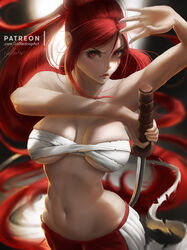  absurdres arm_up bandages bare_arms bare_shoulders breasts breasts_apart chest_sarashi cleavage commentary_request covered_nipples cowboy_shot erza_scarlet fairy_tail female floating_hair hakama hakama_skirt highres hip_focus holding holding_sword holding_weapon japanese_clothes katana large_breasts lips lolliedrop long_hair navel no_shirt patreon_username photoshop_(medium) ponytail red_eyes red_hair red_hakama red_lips sakimichan_(style) sarashi sidelocks signature skirt solo stomach sword very_long_hair weapon 