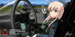  ahoge aircraft airplane artist_name blonde_hair blue_eyes cloud cockpit commentary_request controller day eurofighter_typhoon female german_text gloves grass hanna-justina_marseille helmet hose joystick long_hair looking_at_viewer luftwaffe military military_base military_uniform outdoors pilot_suit runway signature sitting sky smile solo tree uniform wehrmacht witches_of_africa world_witches_series zero_(73ro) 