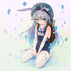  animal_ears anklet backpack bag blue_eyes blue_hair blush commentary_request corriente_(show_by_rock!!) female jewelry long_hair nail_polish name_tag no_shoes old_school_swimsuit one-piece_swimsuit photoshop_(medium) rabbit_ears randoseru recorder_case school_swimsuit show_by_rock!! smile solo swimsuit yurikuta_tsukumi 