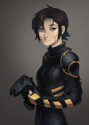  armor batman_(series) black_eye black_hair blood brown_eyes bruise cassandra_cain dc_comics female looking_at_viewer mask orphan_(dc) psuede scar short_hair simple_background 