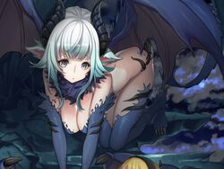  all_fours animal_ears aqua_hair bare_back blue_eyes blue_wings breasts claws cleavage commentary_request cropped dragon_girl dragon_horns dragon_tail dragon_wings female from_above fur gradient_hair horns large_breasts looking_at_viewer moeru!_dragon_jiten moeru!_jiten monster_girl multicolored_hair official_art original sidelocks solo tail wings yuu_(higashi_no_penguin) 