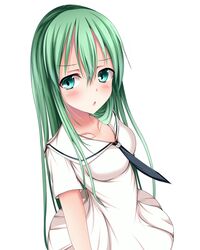  collarbone commentary_request enkidu_(fate) fate/strange_fake fate_(series) female green_eyes green_hair highres long_hair looking_at_viewer open_mouth school_uniform shirt simple_background solo white_background white_shirt winter_(winterinkoakuma) 