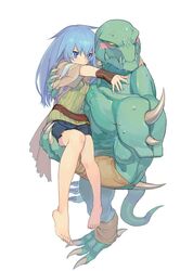  1boy bad_id bad_twitter_id barefoot blue_eyes blue_hair blush_stickers carrying duel_monster eria_(yu-gi-oh!) familiar-possessed_-_eria feet female furry furry_male gagagigo lizardman long_hair looking_away princess_carry simple_background sweat washi_no_tosaka white_background yu-gi-oh! 