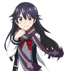  black_hair commentary_request female izure kuroki_rei long_hair national_shin_ooshima_school_uniform purple_eyes purple_scarf scarf school_uniform smile solo vividred_operation 