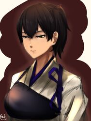  blush brown_eyes brown_hair commentary_request female highres japanese_clothes kaga_(kancolle) kantai_collection lips muneate noica portrait short_hair side_ponytail solo 