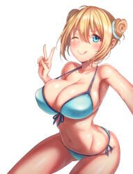  bikini blend_s blonde_hair blue_bikini blue_eyes breasts cleavage cloud commentary_request cowboy_shot double_bun female front-tie_top hair_between_eyes hair_bun hinata_kaho large_breasts leaning_forward looking_at_viewer lun7732 one_eye_closed reaching reaching_towards_viewer selfie side-tie_bikini_bottom simple_background solo swimsuit v white_background 