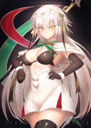  bell bikini bikini_under_clothes black_bikini black_gloves black_thighhighs breasts bu_li capelet character_name cleavage closed_mouth commentary copyright_name cosplay cowboy_shot dated dress elbow_gloves fate/grand_order fate_(series) female fur-trimmed_capelet fur_trim gloves green_ribbons hair_ribbon hand_on_own_hip headpiece highres holding holding_weapon jeanne_d&#039;arc_alter_(avenger)_(fate) jeanne_d&#039;arc_alter_(fate) jeanne_d&#039;arc_alter_santa_lily_(fate) jeanne_d&#039;arc_alter_santa_lily_(fate)_(cosplay) jingle_bell long_hair looking_at_viewer medium_breasts multicolored_ribbon polearm pom_pom_(clothes) red_ribbon ribbon solo standing striped striped_ribbon swimsuit symbol-only_commentary thighhighs tsurime very_long_hair weapon white_capelet white_dress white_hair yellow_eyes 