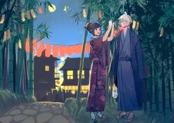  1boy bag bamboo bamboo_forest black_hair blonde_hair blush ear_piercing female fish forest full_moon gladion_(pokemon) goldfish grass green_eyes hair_over_one_eye highres japanese_clothes jirachi kimono long_sleeves moon nature night outdoors piercing plastic_bag pokemon pokemon_(creature) pokemon_sm protected_link selene_(pokemon) slippers smile standing story_yin tied_hair wide_sleeves 