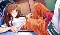  absurdres blush breasts brown_eyes brown_hair female game_cg highres long_hair looking_at_viewer lying medium_breasts misaki_kurehito mole shoes sneakers solo suiheisen_made_nan_mile? wince 