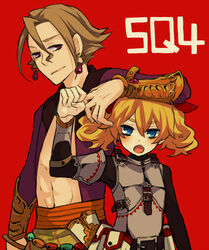  1boy arm_on_another&#039;s_head armor belt blonde_hair blue_eyes brown_hair commentary_request dancer_(sekaiju) dancer_1_(sekaiju) earrings female fortress_(sekaiju) fortress_2_(sekaiju) height_difference inoue_mikuni jewelry purple_eyes red_background sekaiju_no_meikyuu sekaiju_no_meikyuu_4 short_hair twintails upper_body 