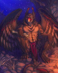  4:5 abs acidapluvia anthro avian beak bottomwear clothed clothing feathered_wings feathers gryphon loincloth looking_at_viewer male mythological_avian mythological_creature mythology night outside solo tail topless wings yellow_eyes 