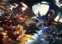  2girls 4boys archie_(pokemon) bandages battle beard black_gloves brown_footwear camerupt carvanha closed_eyes commentary_request courtney_(pokemon) crawdaunt croconaw crop_top facial_hair flareon gloves green_theme grey_gloves grin groudon hat horns houndoom huntail index_finger_raised kikuyoshi_(tracco) kyogre lava long_sleeves magcargo matt_(pokemon) maxie_(pokemon) midriff mudkip multiple_boys multiple_girls numel open_mouth outstretched_arm pokemon pokemon_(creature) pokemon_oras primal_groudon primal_kyogre purple_hair red_hat running sharpedo shelly_(pokemon) smile steam tabitha_(pokemon) torchic torkoal vaporeon 