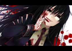  amou_kirukiru black_eyes black_hair blood blood_on_clothes blood_on_face blood_on_hands blood_splatter busou_shoujo_machiavellism commentary_request dutch_angle female hair_between_eyes kanzaki_karuna letterboxed licking_lips long_hair looking_at_viewer necktie official_art photoshop_(medium) red_necktie tongue tongue_out torn_clothes 