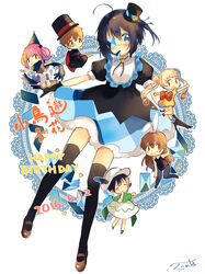  1boy 5girls absurdres angry black_hair blue_eyes card card_in_mouth chibi chuunibyou_demo_koi_ga_shitai! clothes_lift commentary_request dekomori_sanae dress dress_lift eyepatch frown gloves happy_birthday hat highres mini_hat mini_top_hat mouth_hold multiple_girls nibutani_shinka one_side_up playing_card shichimiya_satone short_hair takanashi_rikka thighhighs togashi_yuuta top_hat tsuyuri_kumin zuho_(vega) 