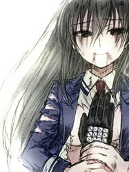  1boy amou_kirukiru bad_id bad_pixiv_id black_eyes black_gloves black_hair blood busou_shoujo_machiavellism female gloves hair_between_eyes long_sleeves looking_at_viewer necktie nomura_fudou out_of_frame pov pov_hands red_necktie school_uniform smile torn_clothes yuuki_sudachi 