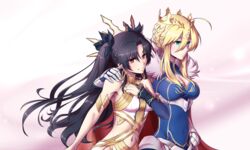  2girls absurdres arm_around_shoulder artoria_pendragon_(fate) artoria_pendragon_(lancer)_(fate) bare_shoulders black_hair braid breasts bridal_gauntlets cape cleavage cleavage_cutout clothing_cutout commentary_request covered_navel crown earrings expressionless fate/grand_order fate_(series) frown gauntlets hair_ornament hair_ribbon hand_on_another&#039;s_shoulder highres hoop_earrings ishtar_(fate) jewelry large_breasts long_hair multiple_girls navel priestessshizuka red_eyes ribbon sleeveless sleeveless_turtleneck small_breasts smile turtleneck two_side_up watermark web_address yuri 