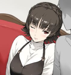  1boy blush braid breasts brown_hair commentary_request couch crown_braid female happy indoors leaning_on_person morisawa_haruyuki niijima_makoto one_eye_closed persona persona_5 red_eyes short_hair sitting smile turtleneck 