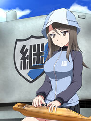  absurdres blue_hat blush breasts brown_eyes brown_hair bt-42 commentary_request emblem female girls_und_panzer hat highres instrument jacket kantele keizoku_(emblem) keizoku_military_uniform kyoukyan long_hair medium_breasts mika_(girls_und_panzer) military military_uniform military_vehicle motor_vehicle school_uniform smile solo tank track_jacket tulip_hat uniform 