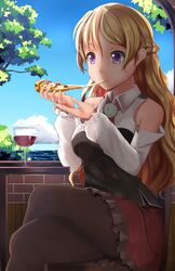  ascot bare_shoulders blonde_hair blue_sky braid breasts brown_eyes brown_pantyhose cheese_trail chiyo_goya cloud commentary crossed_legs day eating english_commentary female food french_braid glass hat highres holding holding_food holding_pizza kantai_collection large_breasts long_hair long_sleeves miniskirt ocean pantyhose pizza shirt sitting skirt sky solo tree water wavy_hair white_shirt zara_(kancolle) 