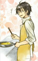  1boy :d apron bad_id bad_pixiv_id black_hair busou_shoujo_machiavellism chopsticks cooking frying_pan green_eyes hair_between_eyes holding holding_chopsticks looking_at_viewer male_focus nomura_fudou open_mouth sleeves_rolled_up smile solo yuuki_sudachi 