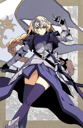  armor armored_dress blonde_hair blue_eyes braid capelet commentary_request fate/apocrypha fate/grand_order fate_(series) faulds female flag gauntlets headpiece highres iwasaki_takashi jeanne_d&#039;arc_(fate) jeanne_d&#039;arc_(ruler)_(fate) long_hair single_braid solo thighhighs very_long_hair 