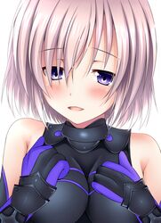  commentary_request detached_sleeves fate/grand_order fate_(series) female gloves mash_kyrielight open_mouth pink_hair purple_eyes short_hair simple_background solo white_background winter_(winterinkoakuma) 