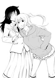  2girls aoki_kanji blazer commentary_request floating_hair greyscale hands_in_pockets hood hoodie jacket kneehighs kuroki_tomoko leaning_forward long_hair long_skirt monochrome multiple_girls necktie nemoto_hina pleated_skirt school_uniform simple_background skirt socks sweatdrop triangle_mouth two_side_up v-shaped_eyebrows watashi_ga_motenai_no_wa_dou_kangaetemo_omaera_ga_warui! white_background 