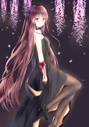  absurdres black_dress black_footwear black_gloves black_pantyhose blush brown_eyes brown_hair closed_mouth commentary_request dress female flower from_side girls&#039;_frontline gloves half_gloves high_heels highres long_hair looking_at_viewer looking_back official_alternate_costume pantyhose petals shoes smile solo very_long_hair wa2000_(ballroom_interlude)_(girls&#039;_frontline) wa2000_(girls&#039;_frontline) wisteria yoko_(yang-tzu) 