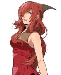  aka_no_joou collarbone commentary_request curly_hair dress enami_katsumi female hair_over_one_eye horns isekai_shokudou long_hair red_dress red_eyes simple_background sleeveless sleeveless_dress solo white_background 