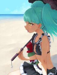  aqua_hair bare_arms beach biburi_(precure) bikini bikini_skirt black_bikini blunt_bangs chocokin commentary_request crescent dark-skinned_female dark_skin day detached_earlobe female flat_chest hat holding holding_umbrella horizon hot kirakira_precure_a_la_mode light_green_hair long_hair ocean outdoors parasol precure profile shade signature solo stuffed_toy sweat swimsuit tongue tongue_out top_hat twintails umbrella yellow_eyes 