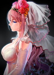  blue_eyes breasts bridal_veil cleavage commentary_request dress elbow_gloves female flower gloves hairband highres impossible_clothes large_breasts long_hair megurine_luka okingjo pink_hair profile simple_background solo veil vocaloid wedding_dress white_dress white_gloves 