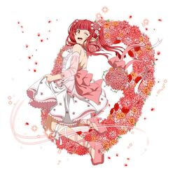  ;d back_bow bow choker commentary_request dress elf female floating_hair flower full_body hair_flower hair_ornament high_heels leg_ribbon long_hair looking_back official_art one_eye_closed open_mouth orange_flower petals pink_bow pink_flower pink_footwear pink_ribbon pointy_ears pumps rain_(sao) red_eyes red_flower red_hair red_rose ribbon rose short_dress simple_background skirt_hold smile solo strapless strapless_dress sword_art_online twintails white_background white_dress white_ribbon 