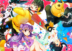  4boys bad_id bad_pixiv_id bell bird braid chinese_clothes chinese_text commentary dress dual_persona duck eyewear_on_head feline female genderswap_(mtf) glasses hair_bell hair_ornament heart hibiki_ryouga highres holding holding_sign holding_umbrella kaito_ak kettle long_hair mousse_(duck)_(ranma_1/2) mousse_(ranma_1/2) multiple_boys oil-paper_umbrella p-chan panda photoshop_(medium) pig piglet ranma-chan ranma_1/2 rule_63 saotome_genma_(panda) saotome_ranma shampoo_(cat) shampoo_(ranma_1/2) sidelocks sign spilling star_(symbol) tears umbrella water 