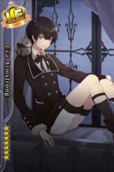  1boy bird black_hair black_socks blue_eyes card_(medium) character_name eva_armstrong i-chu legwear_garter male_focus official_art owl sammy_(i-chu) socks solo 