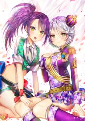  2girls bad_id bad_pixiv_id crown frilled_skirt frills gambe green_eyes grey_hair groin kneeling long_hair looking_at_viewer midriff mini_crown multiple_girls necktie open_mouth pretty_series pripara purple_hair purple_legwear shikyoin_hibiki short_hair side_ponytail sitting skirt smile toudou_shion yellow_eyes 