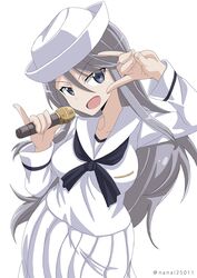  blouse blue_neckwear commentary cowboy_shot dixie_cup_hat female flint_(girls_und_panzer) fox_shadow_puppet girls_und_panzer grey_eyes grey_hair hat head_tilt holding holding_microphone long_hair long_skirt long_sleeves looking_at_viewer microphone military_hat one-hour_drawing_challenge ooarai_naval_school_uniform open_mouth pinky_out pleated_skirt sailor sailor_collar school_uniform shibagami shirt simple_background skirt smile solo standing twitter_username white_background white_hat white_shirt white_skirt 