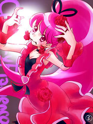  aino_megumi alternate_form brooch character_name choker commentary_request cure_lovely cure_lovely_(cherry_flamenco) dress english_text female flower frills hair_flower hair_ornament happinesscharge_precure! heart heart_brooch high_ponytail jewelry kasuga_rurito long_hair magical_girl mouth_hold pink_eyes pink_hair ponytail precure red_dress red_flower red_rose red_wrist_cuffs rose smile solo wide_ponytail wrist_cuffs 