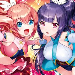  2girls :d amatsuki_meguru angel_rose angel_sapphire bare_shoulders blue_eyes blush breasts commentary_request heart holding_hands kisaragi_sumire large_breasts leotard looking_at_viewer magical_girl midriff mole mole_under_eye multiple_girls navel official_art open_mouth pink_eyes pink_hair ponytail purple_hair red_eyes skirt smile twin_angel twin_angel_break yanyo_(ogino_atsuki) 