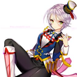  bad_id bad_pixiv_id female gambe green_eyes grey_hair hat looking_at_viewer mini_hat pretty_series pripara shikyoin_hibiki short_hair simple_background sitting smile solo white_background 