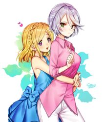  2girls blonde_hair blue_dress commentary dress gambe green_eyes grey_hair heart hug hug_from_behind midorikaze_fuwari multiple_girls pink_shirt pretty_series pripara purple_eyes shikyoin_hibiki shirt short_hair signature simple_background symbol-only_commentary white_background 